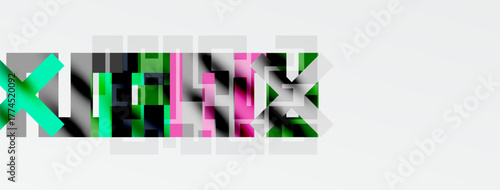 Abstract colorful blocks form text. Letters appear fragmented, modern design. Minimalist aesthetic, white background dominates image.