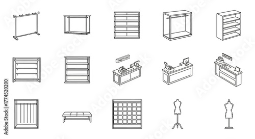 store furniture assortment of store fixtures including clothing racks and counters for retail spaces useful for planning retail layouts or store design