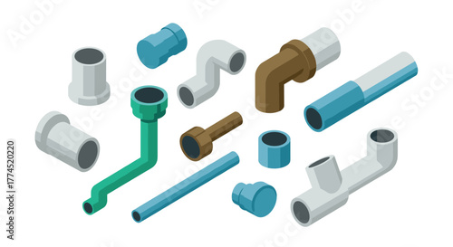 Isometric plumbing components set with pipes and connectors in 3d design