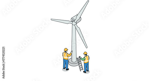 Wind turbine maintenance with engineers in safety gear performing repairs