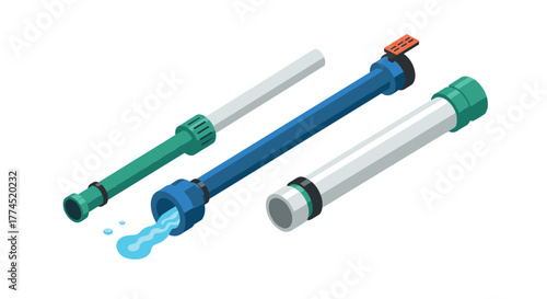 Isometric plumbing pipes with water flow and valve elements