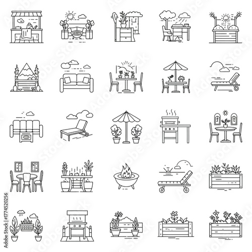 patio furniture icons cozy outdoor patio settings offering relaxation and enjoyment in serene residential landscaping perfect for lifestyle blogs