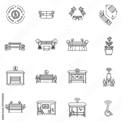 smart city elements bench with wifi bus stop and recycling system promoting sustainability and accessibility in modern urban spaces for infographics