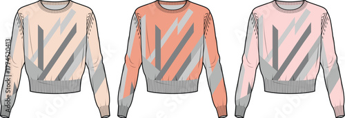 Collection of long-sleeved crewneck sweaters featuring a contemporary geometric zigzag pattern in various colorways. Fashion illustration depicting versatile modern women's knitwear designs