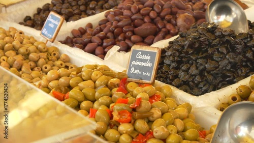 Variety of Olives on French Market Stall in Provence