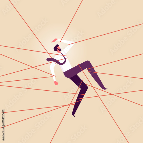 Challenge to overcome to success concept. Business difficulty or struggle with career obstacle, limitation and trap, businessman tied up rope trying to escape with full effort