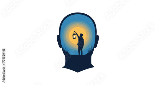 Silhouette of a person holding a lantern inside a human head silhouette, Generative AI.