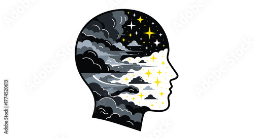 Silhouette of a human head filled with a starry night sky and clouds, Generative AI.