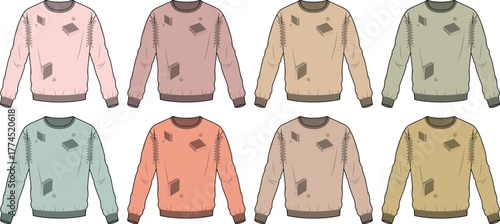 Collection of distressed and faded crewneck sweaters in various earthy and pastel tones