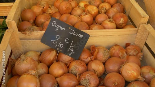 Yellow Onions on Provencal Market with French Price Tag