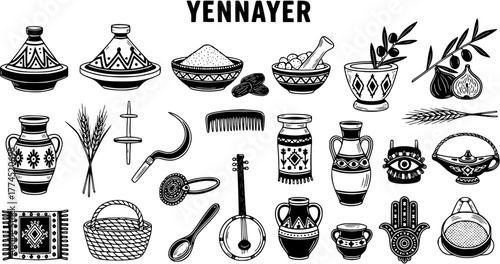 Yennayer Traditional Items: Berber New Year Symbols, North African Cultural Elements, Food, Utensils, and Crafts - Hand-Drawn Vector Illustration Set
