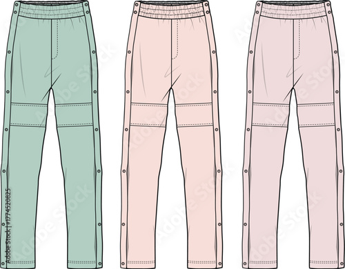 Fashion flat illustrations of modern jogger pants in pastel colors, with side snap buttons and elastic waistbands, for apparel design projects
