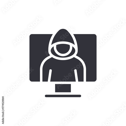Mysterious Hacker Silhouette Behind Computer Screen Icon