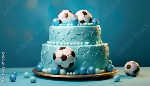 soccer ball birthday cake pastel blue event decoration idea