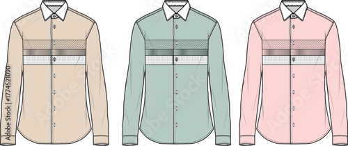 Three men's long-sleeved button-down shirts. Unique horizontal striped chest panel design in beige, mint green, and pink colors. Versatile modern casual style