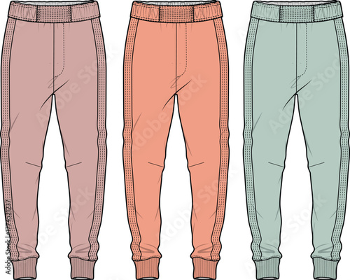 Fashion technical flat sketch of track pants or joggers in three color variations. Sportswear apparel vector illustration template for design