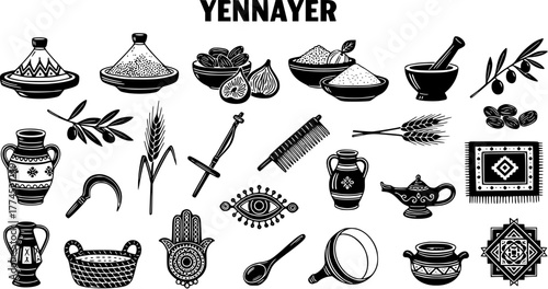 Yennayer Amazigh New Year Icons: Traditional Berber Symbols, Food, Utensils, and Cultural Elements Collection