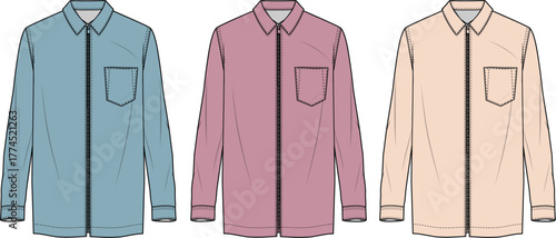 Fashion Flat Illustration of Three Long-Sleeved Collared Shirts with Pocket Details