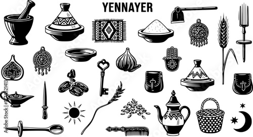 Yennayer Amazigh Berber New Year traditional icons collection. North African cultural food, crafts, and symbols vector illustration set.