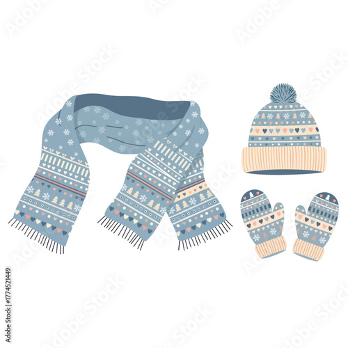 Winter Knitted Scarf, Hat and Mittens Set – Flat vector illustration of cozy winter accessories including a knitted scarf, beanie hat, and mittens with snowflake and heart patterns. 