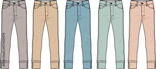 Stylish Collection Five Pairs of Casual Cuffed Jeans in Various Colors