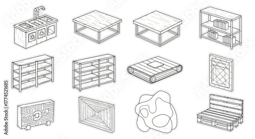 eco-friendly furniture design isometric line art of sustainable living room elements promoting green lifestyle for sustainable interior design ideas.