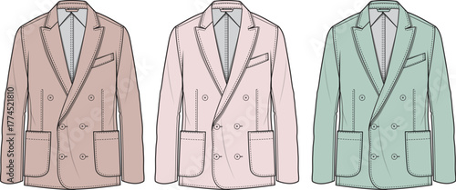 Three tailored double-breasted blazers in pink and mint green, showcasing modern fashion design