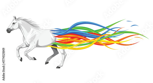 White horse with rainbow mane and tail flowing in motion, Generative AI.