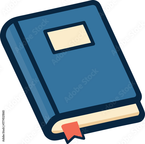  Minimalist flat icon of a closed blue book with a small red label on the cover, simple clean vector design.