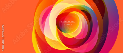 Abstract colorful circles overlap, creating dynamic visual effect. Orange, yellow, purple hues dominate composition. Modern design element.