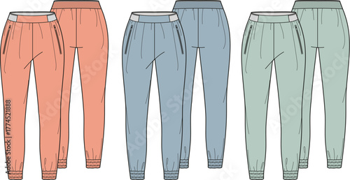 Technical flat sketches of women's comfortable jogger pants in a versatile collection of soft pastel colorways, perfect for fashion design and apparel production resources