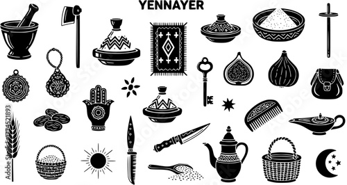 Tableau sur toile Yennayer Amazigh New Year Traditional Symbols Set
