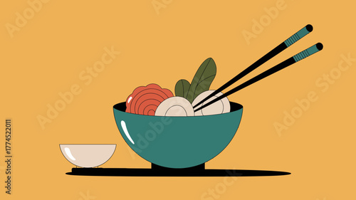 Colorful illustration of a bowl of Asian food with chopsticks and a small side dish on a warm background
