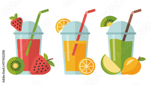 Colorful illustration of three refreshing fruit smoothies with straws and various fruit decorations
