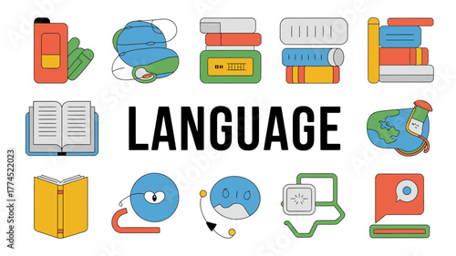 Colorful illustration with the word language surrounded by book and communication icons.