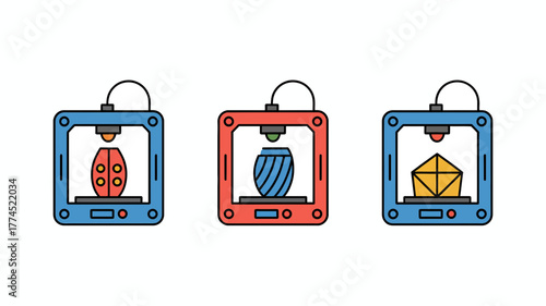 Colorful vector illustration of 3D printers creating various geometric and organic shapes