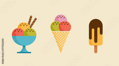 Colorful vector illustration of three different types of delicious ice cream treats