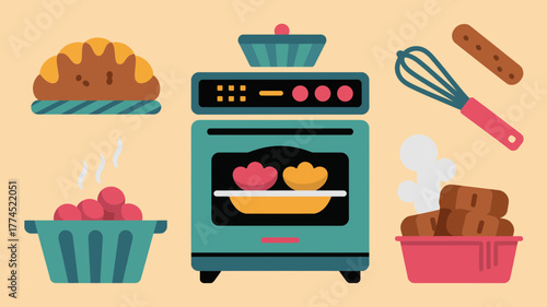 Colorful vector illustration of baking equipment and food items on a warm, neutral background