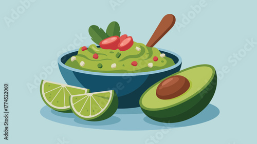 Delicious illustration of guacamole with fresh avocado and lime on a light blue background