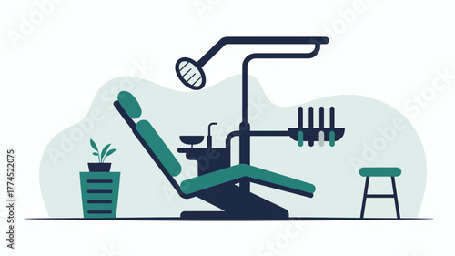 Flat illustration of a dental clinic with a chair, lamp, tools, and a small stool