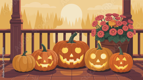 Illustration of a collection of carved pumpkins and flowers on a porch for Halloween