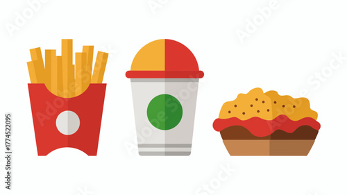 Flat design illustration of fast food items including french fries, a drink, and a pie