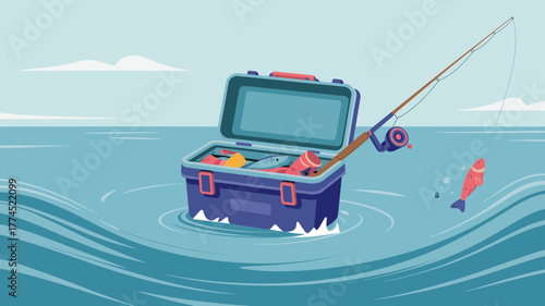 Illustration of a fishing tackle box in water with a fishing rod and a jumping fish