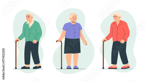 Vector illustration of three elderly people with walking sticks in flat design style
