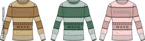 Fashionable long-sleeved crewneck sweaters with wave pattern