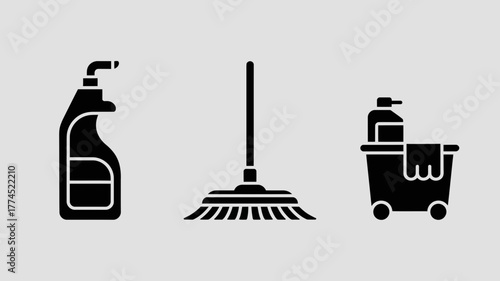 Vector illustration of cleaning supplies including a spray bottle, mop, and cleaning cart