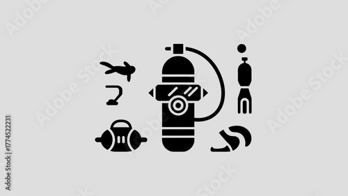 A black and white vector illustration of scuba diving equipment and accessories on a grey background