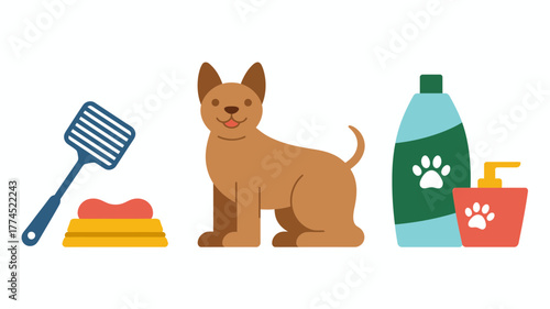A charming vector illustration featuring a dog with pet supplies and grooming products in a flat design