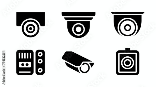 A collection of six stylized black security camera icons, perfect for surveillance and monitoring