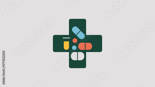 A minimalist illustration of a pharmacy symbol with pills and medicine containers on a plain background
